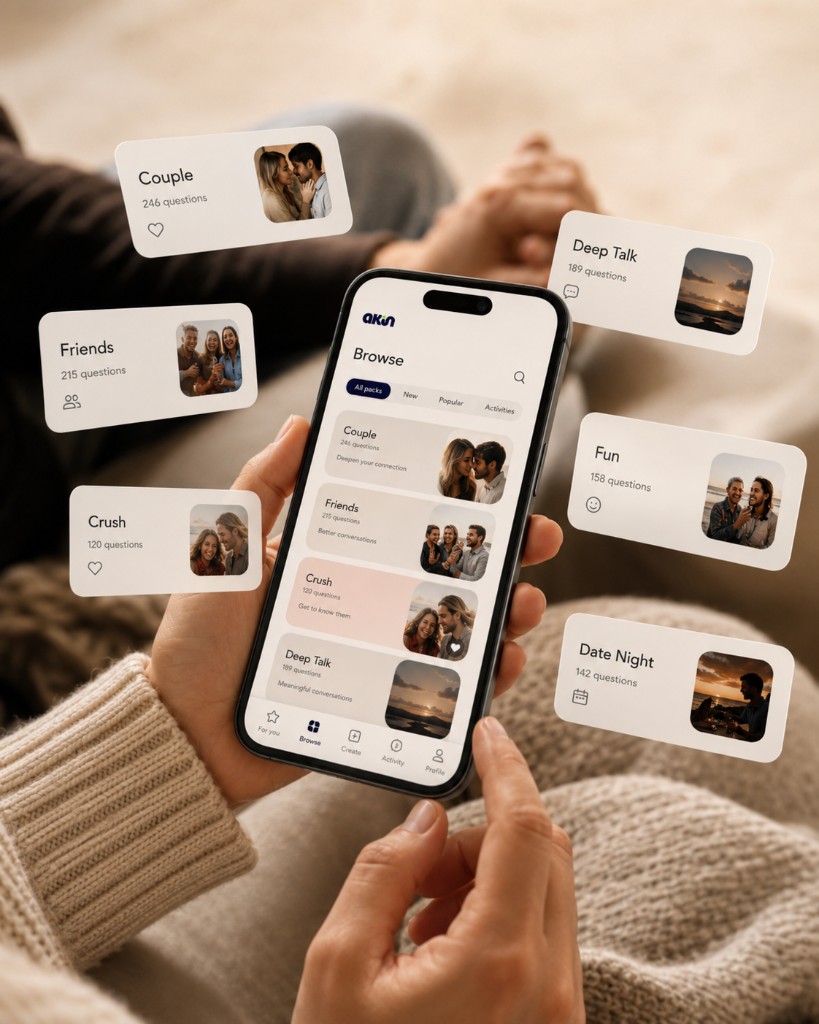 Akin app: browse all question packs—Couple, Friends, Crush, Deep Talk, and more