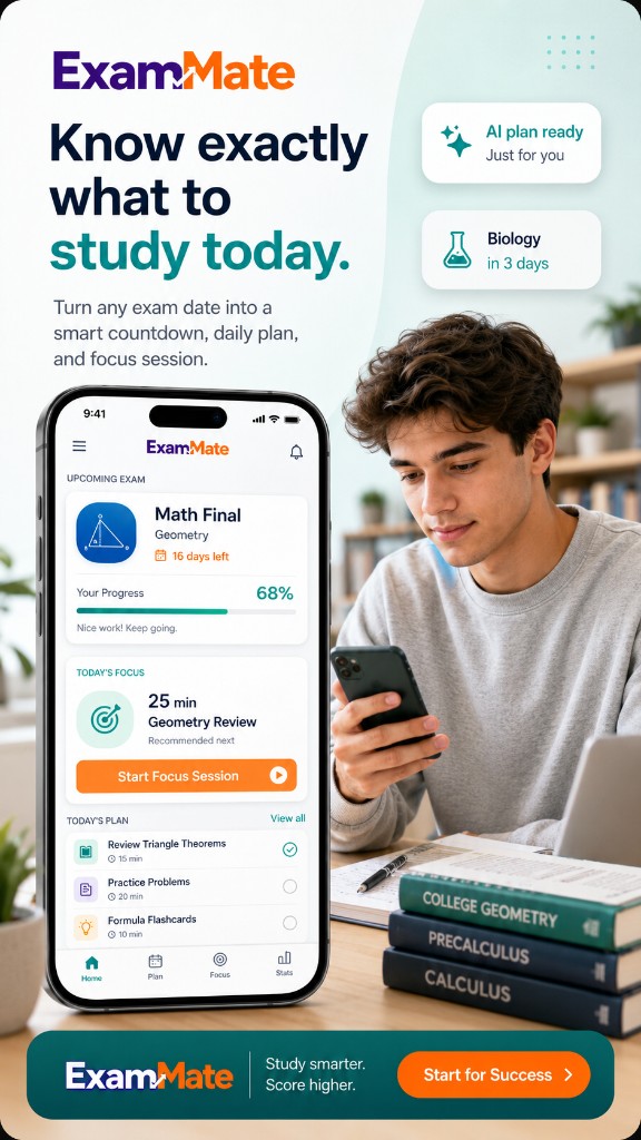 ExamMate exam countdown, daily plan, and focus session